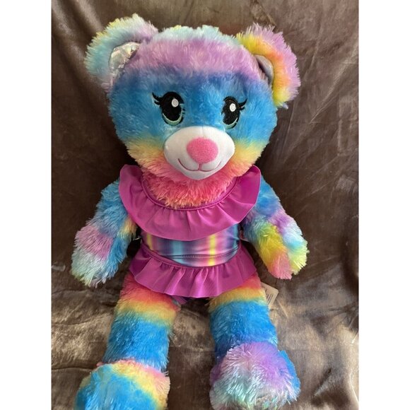 Build-A-Bear 16" Rainbow Teddy Stuffed Plush Sparkling Shimmer Eyes Ears Feet - Picture 1 of 16